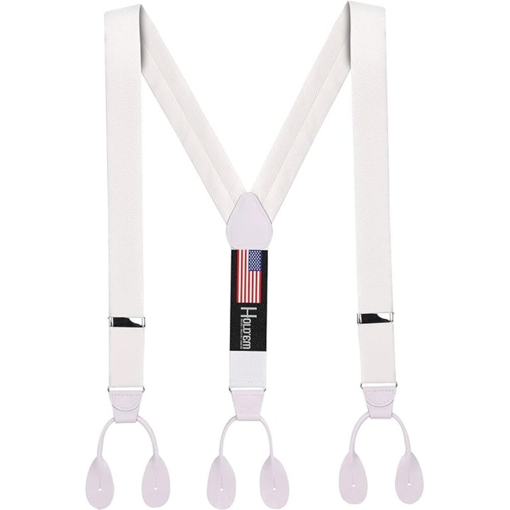 HOLD'EM 100% Silk Suspenders For Men Y-Back Button End – White Twill